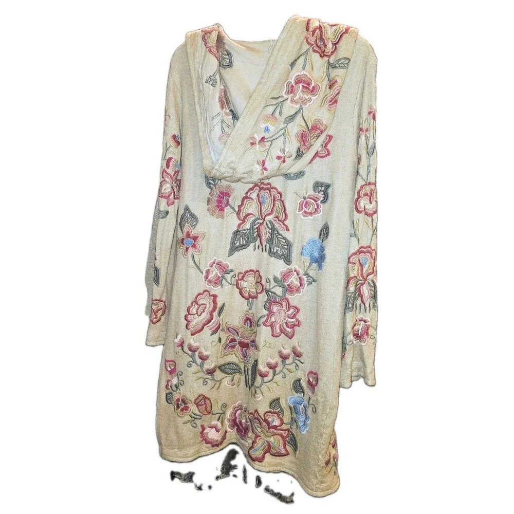 JOHNNY WAS BIYA Sz S Floral Embroidered Open Front Hood Cardigan Duster Sweater